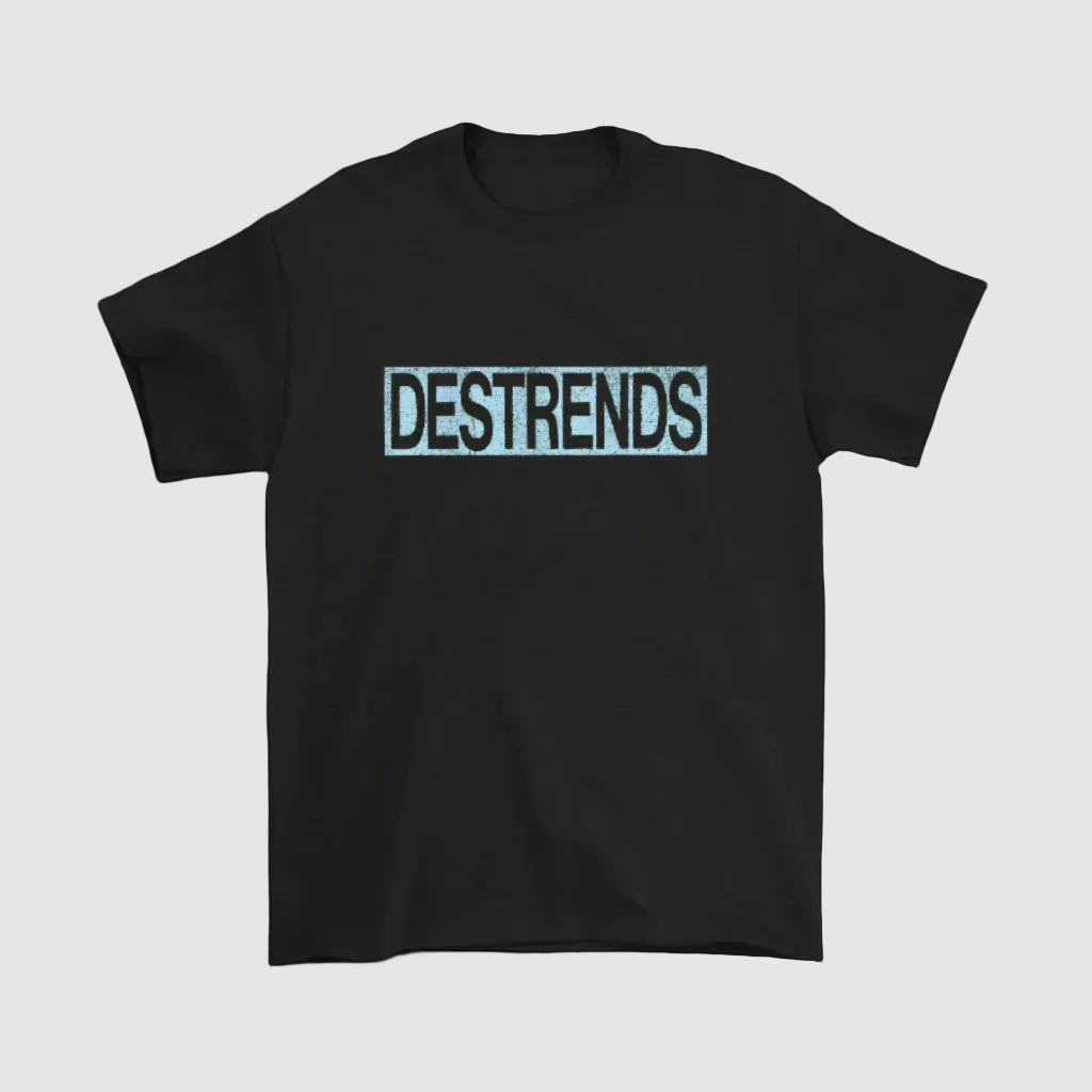 Black t-shirt with 'DESTRENDS' text on a white background