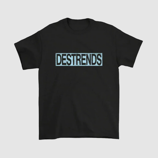 Black t-shirt with 'DESTRENDS' text on a white background