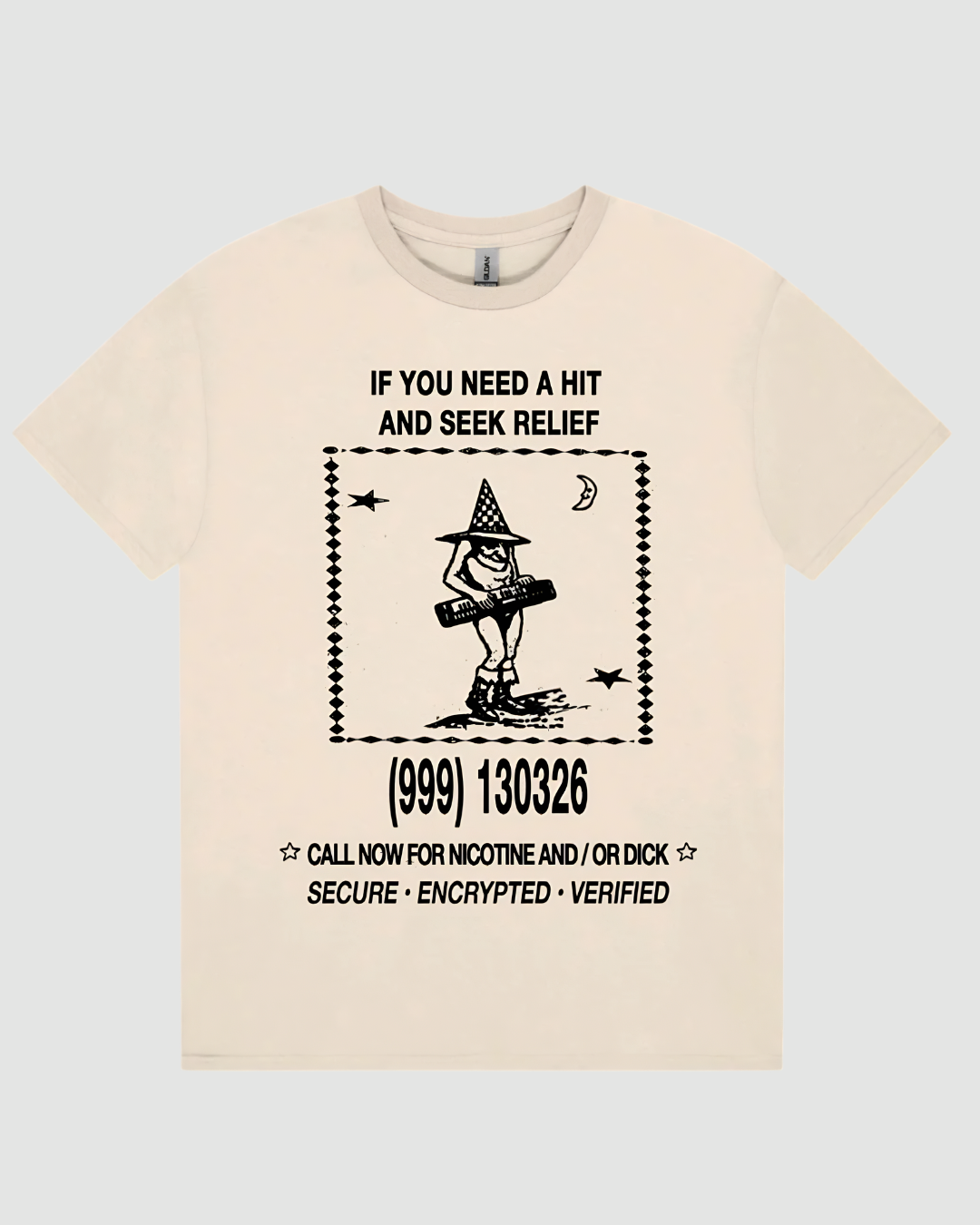 Beige t-shirt with black graphic and text on a white background
