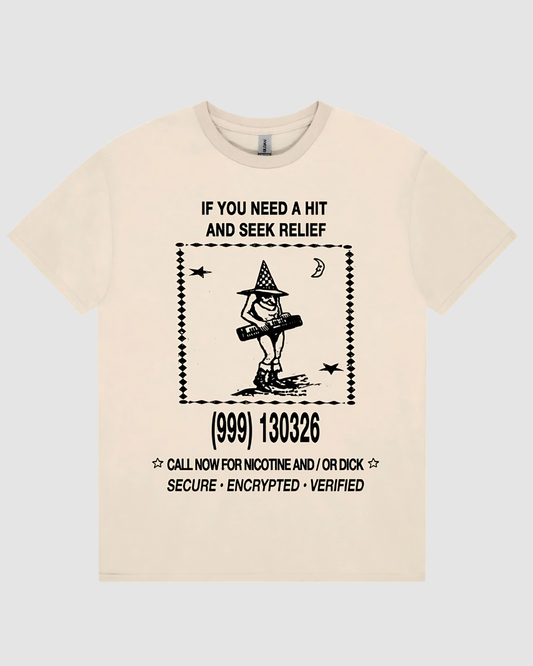 Beige t-shirt with black graphic and text on a white background