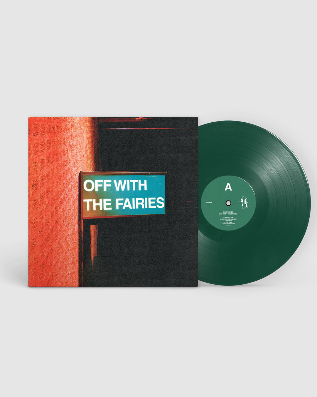 Vinyl record with a colorful cover titled 'Off With The Fairies' on a white background