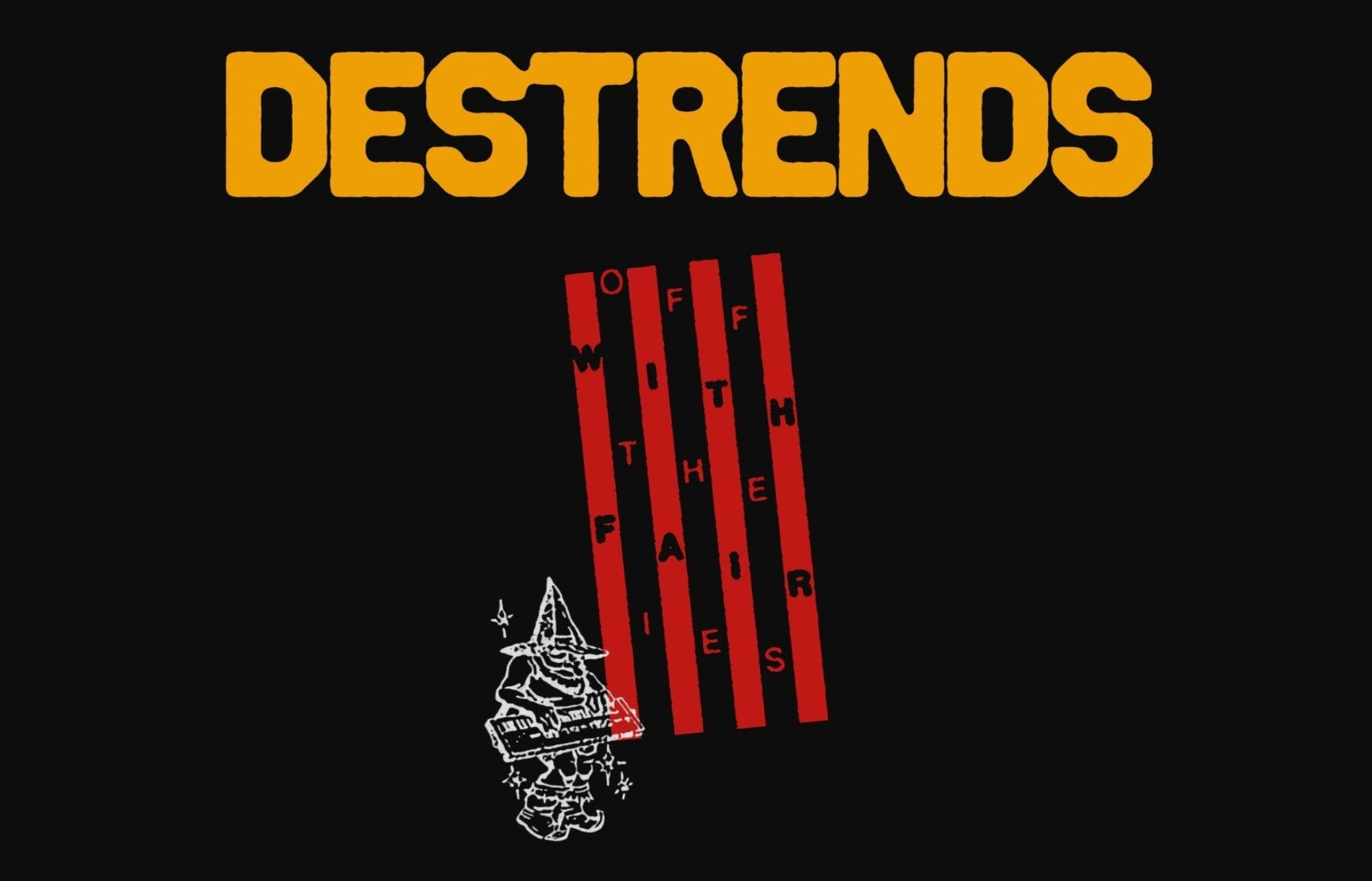 Black background with 'DESTRENDS' text in yellow, red bars, and a white icon.