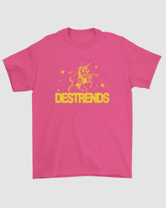 Pink t-shirt with yellow graphic and text on a light gray background