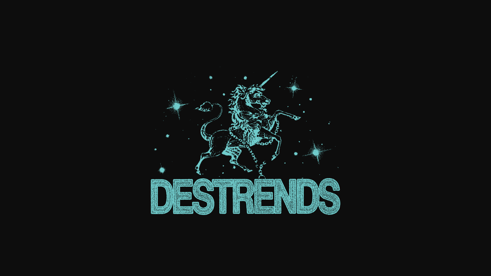 blue 'DESTRENDS' logo with a unicorn on a black background