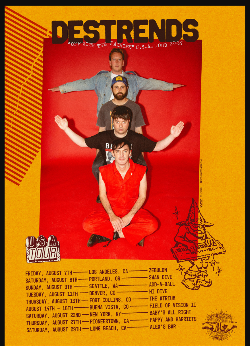Promotional poster with 'DESTRENDS' branding and images of people on a red and yellow background